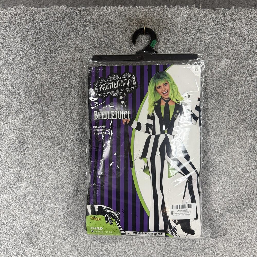 Spirit Halloween Beetlejuice Costume L 12-14 Striped Jumpsuit Tie Lapel Clips